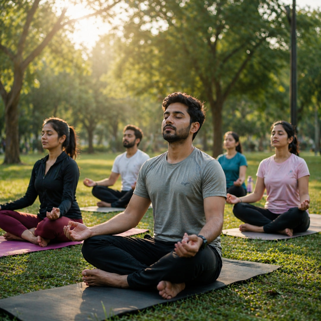 Group of people practicing yoga in a park