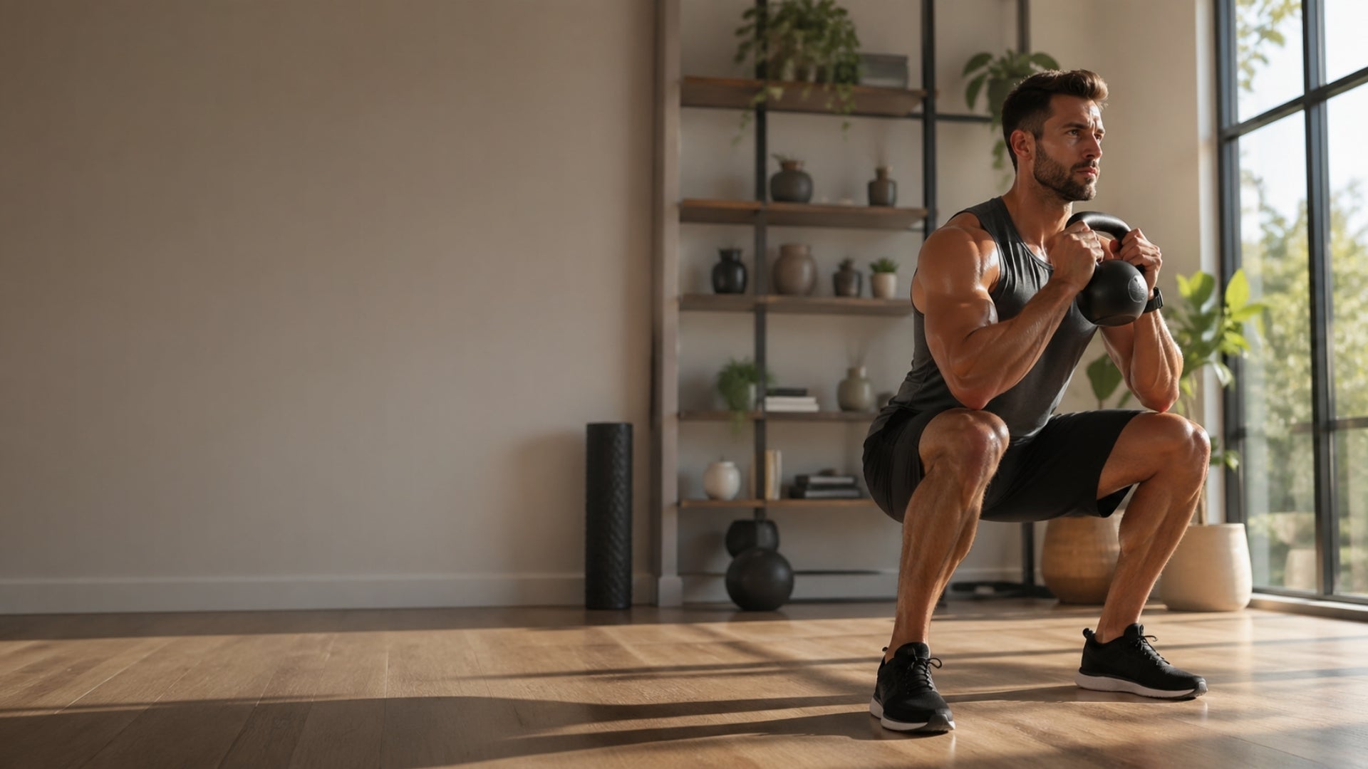 Man exercising with dumbbells in a home setting