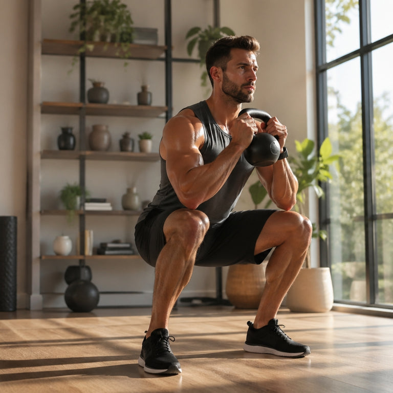 Man exercising with dumbbells in a home setting
