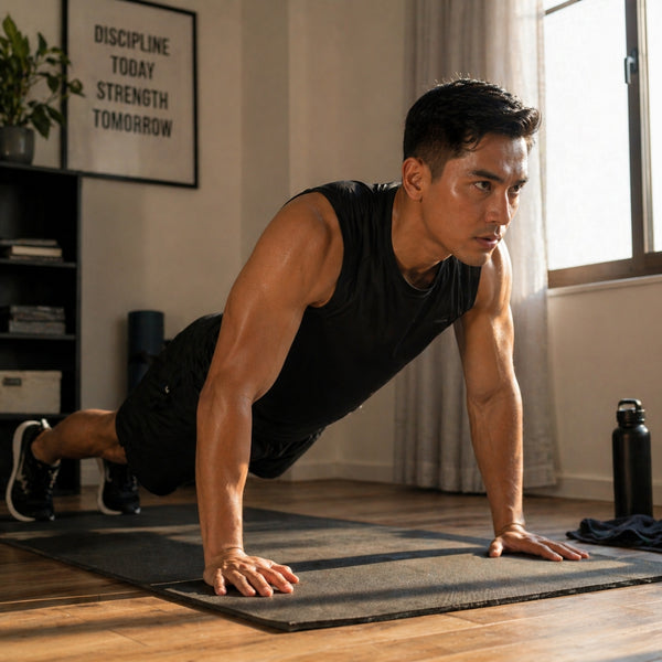 Man performing push-ups on a mat in a home setting with motivational quote on the wall.