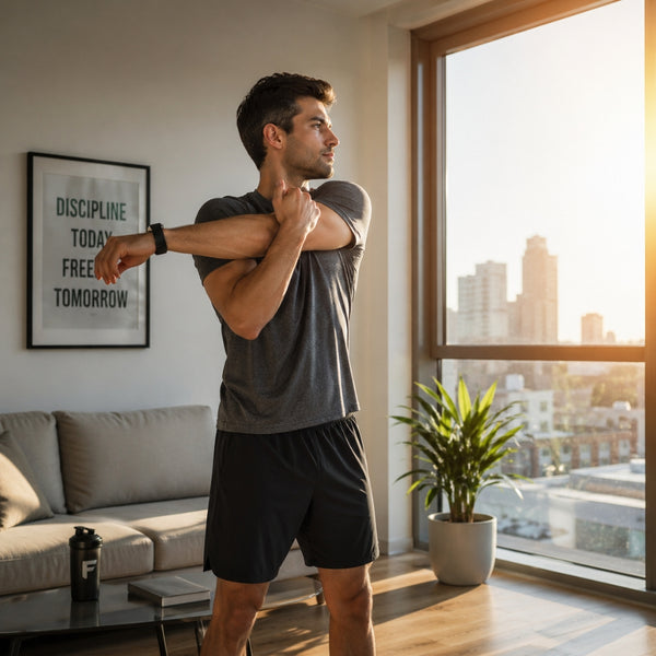 Man stretching in a modern living room with a cityscape view